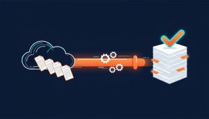 Invoices flowing through an automated pipeline from a cloud into an organised, checked stack