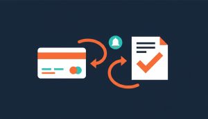 Credit card and checked invoice connected by payment flow arrows with a reminder bell