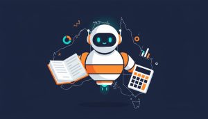 Friendly robot assistant with ledger and calculator over an outline map of Australia and New Zealand