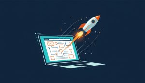 Rocket launching from a laptop showing a website wireframe, representing the XOSync V2 launch